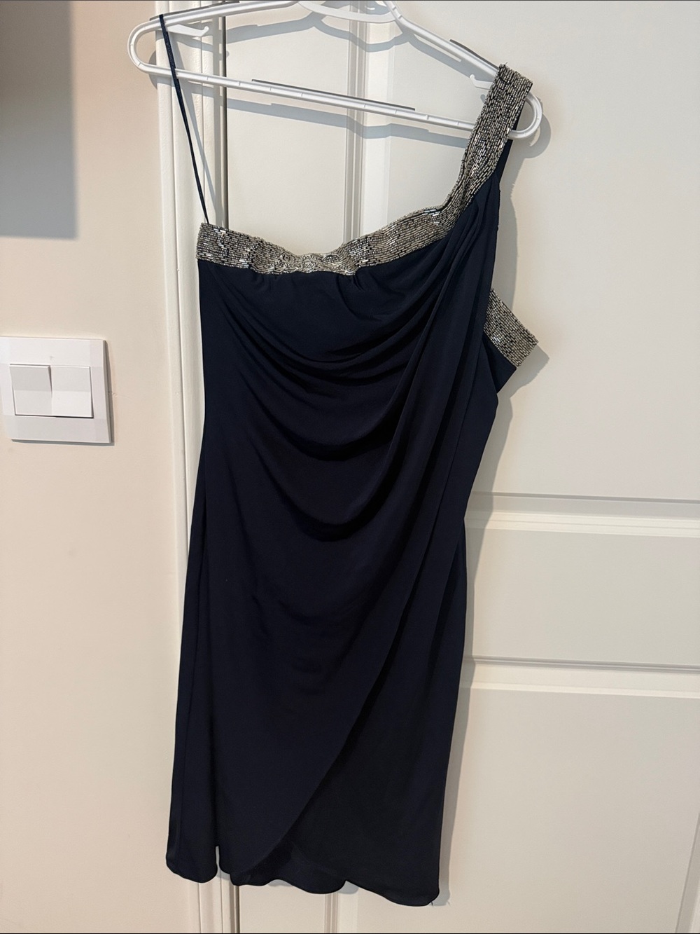JS Boutique Navy One-Shoulder Dress with Silver Sequin Trim
